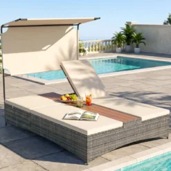 Sonnenliege 2 Personen Gartenliege mit Auflagen Doppelliege mit 5-Fach Verstellbarer Rückenlehne Grau/Beige