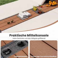 Sonnenliege 2 Personen Gartenliege mit Auflagen Doppelliege mit 5-Fach Verstellbarer Rückenlehne Grau/Beige