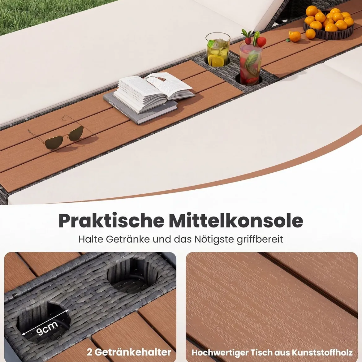 Sonnenliege 2 Personen Gartenliege mit Auflagen Doppelliege mit 5-Fach Verstellbarer Rückenlehne Grau/Beige
