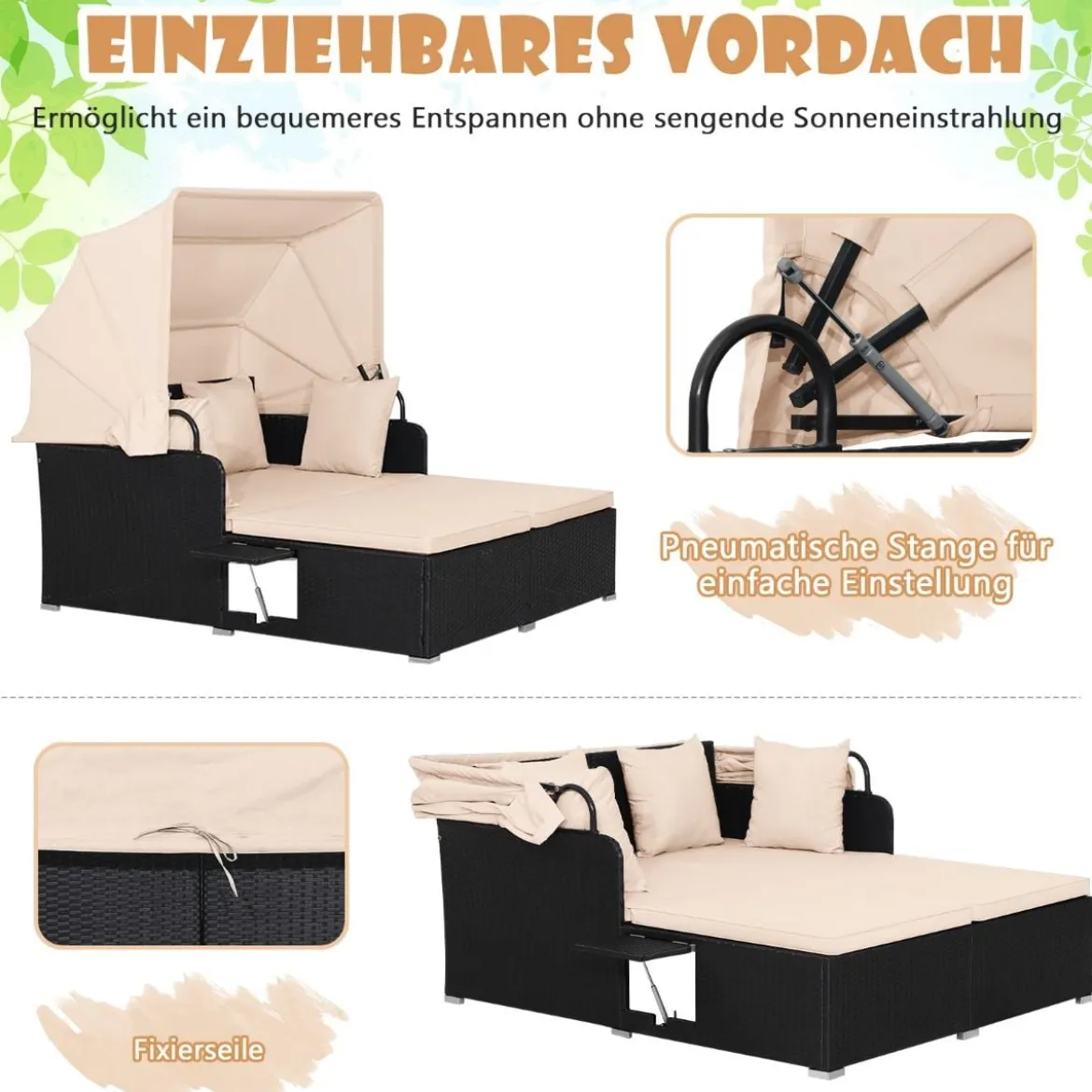 Sonnenliege Rattan für 2 Personen Gartenliege mit Dach Auflage Kissen & ausklappbaren Seitentischen