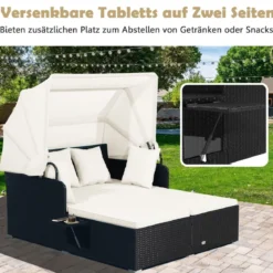 Sonnenliege Rattan für 2 Personen Gartenliege mit Dach Auflage Kissen & ausklappbaren Seitentischen