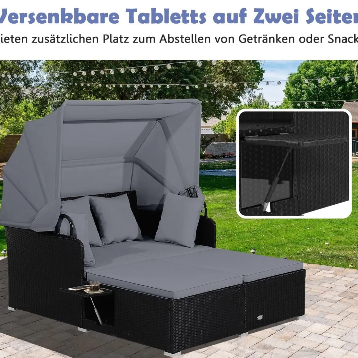 Sonnenliege Rattan für 2 Personen Gartenliege mit Dach Auflage Kissen & ausklappbaren Seitentischen