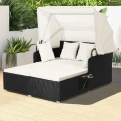 Sonnenliege Rattan für 2 Personen Gartenliege mit Dach Auflage Kissen & ausklappbaren Seitentischen