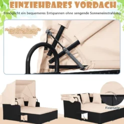 Sonnenliege Rattan für 2 Personen Gartenliege mit Dach Auflage Kissen & ausklappbaren Seitentischen