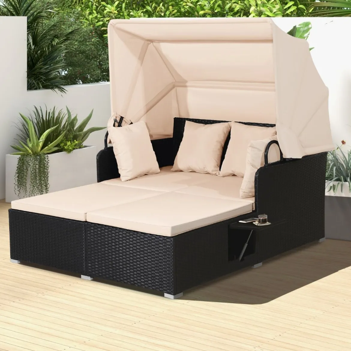 Sonnenliege Rattan für 2 Personen Gartenliege mit Dach Auflage Kissen & ausklappbaren Seitentischen