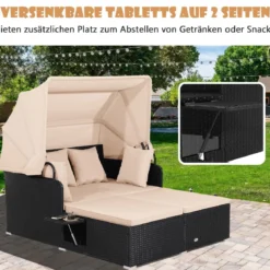 Sonnenliege Rattan für 2 Personen Gartenliege mit Dach Auflage Kissen & ausklappbaren Seitentischen