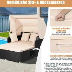 Sonnenliege Rattan für 2 Personen Gartenliege mit Dach Auflage Kissen & ausklappbaren Seitentischen
