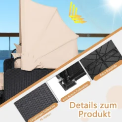 Sonnenliege Rattan für 2 Personen Gartenliege mit Dach Auflage Kissen & ausklappbaren Seitentischen