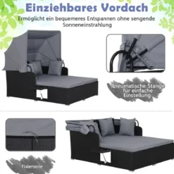 Sonnenliege Rattan für 2 Personen Gartenliege mit Dach Auflage Kissen & ausklappbaren Seitentischen