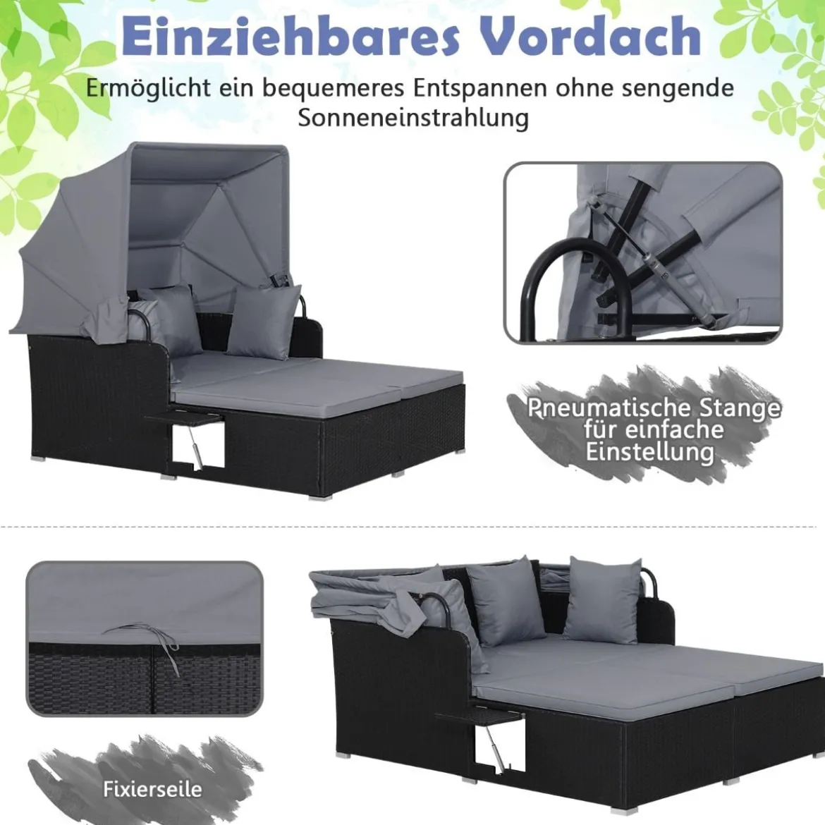 Sonnenliege Rattan für 2 Personen Gartenliege mit Dach Auflage Kissen & ausklappbaren Seitentischen