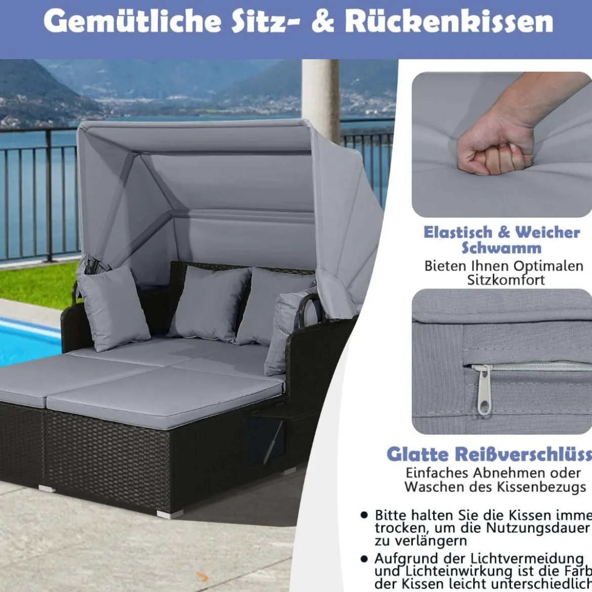 Sonnenliege Rattan für 2 Personen Gartenliege mit Dach Auflage Kissen & ausklappbaren Seitentischen