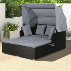 Sonnenliege Rattan für 2 Personen Gartenliege mit Dach Auflage Kissen & ausklappbaren Seitentischen