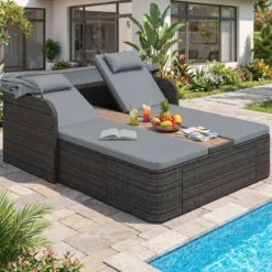 Sonnenliege Rattan für 2 Personen Sonneninsel Outdoor mit Faltbarem Sonnendach Grau