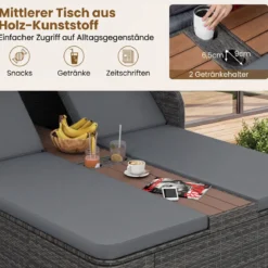 Sonnenliege Rattan für 2 Personen Sonneninsel Outdoor mit Faltbarem Sonnendach Grau