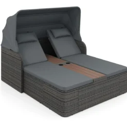 Sonnenliege Rattan für 2 Personen Sonneninsel Outdoor mit Faltbarem Sonnendach Grau