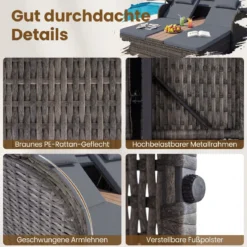 Sonnenliege Rattan für 2 Personen Sonneninsel Outdoor mit Faltbarem Sonnendach Grau