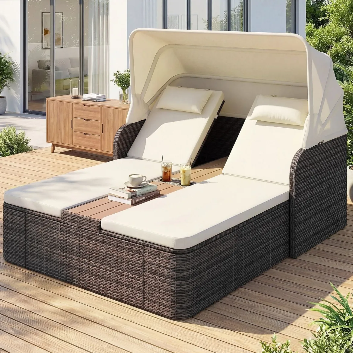 Sonnenliege Rattan für 2 Personen Sonneninsel Outdoor mit Faltbarem Sonnendach Beige