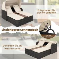 Sonnenliege Rattan für 2 Personen Sonneninsel Outdoor mit Faltbarem Sonnendach Beige