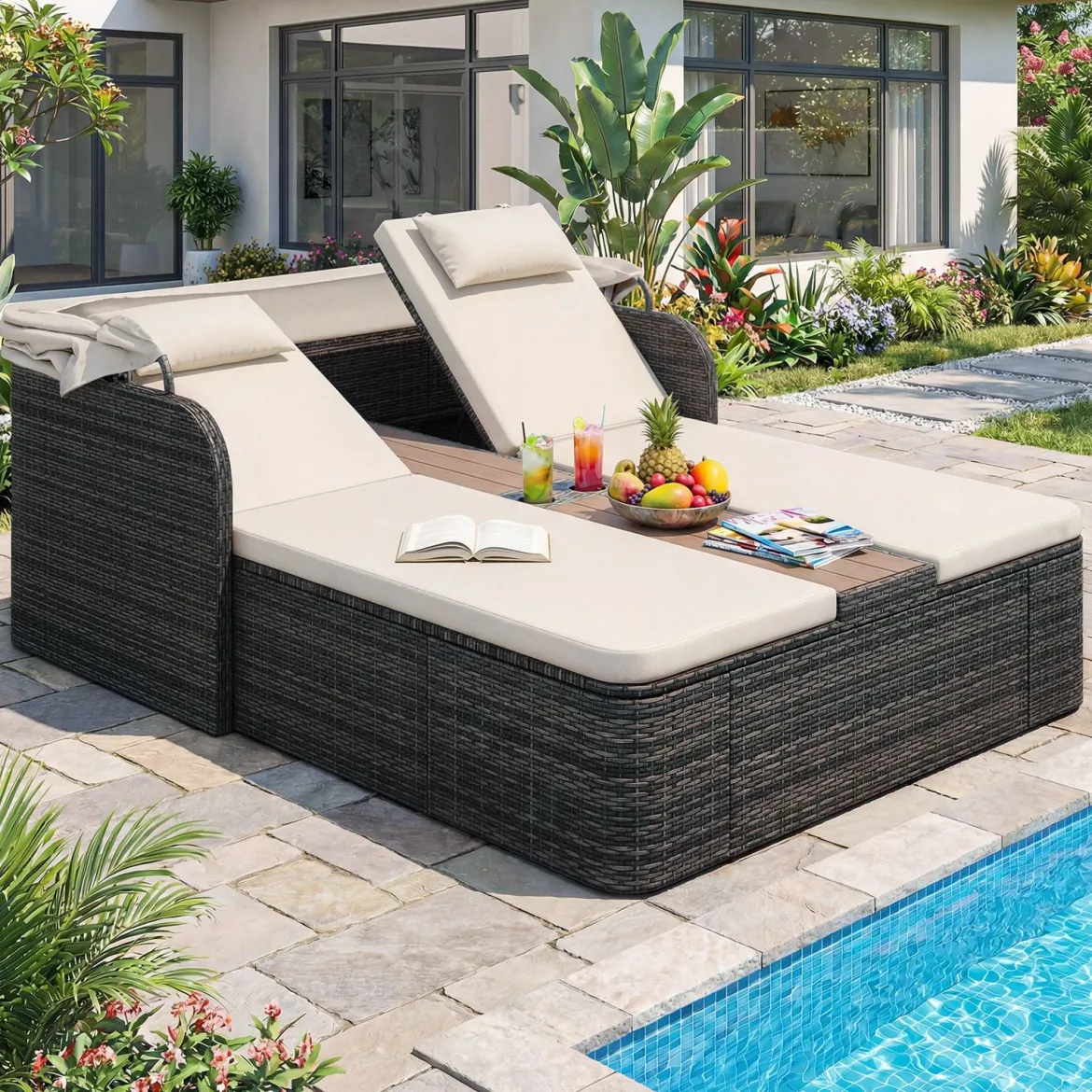 Sonnenliege Rattan für 2 Personen Sonneninsel Outdoor mit Faltbarem Sonnendach Beige
