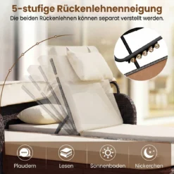 Sonnenliege Rattan für 2 Personen Sonneninsel Outdoor mit Faltbarem Sonnendach Beige