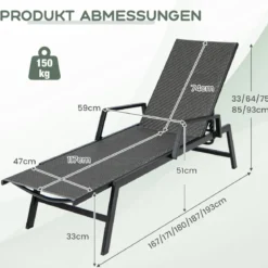 Sonnenliege Rattan Gartenliege mit Verstellbarer Rückenlehne und Armlehnen 167–193 x 59 x 33–93 cm Braun