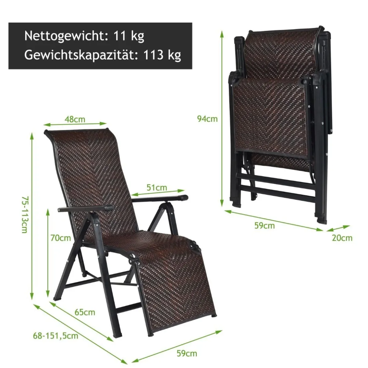 Sonnenliege Rattan klappbarer Liegestuhl mit Verstellbarer Rückenlehne Braun