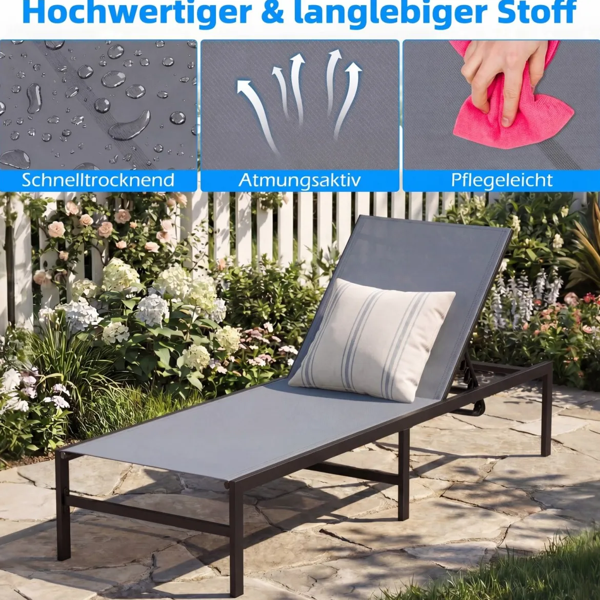 Sonnenliegestuhl für Außenbereich Anpassbarer Liegestuhl 64 x 198 x 67 - 103 cm Grau