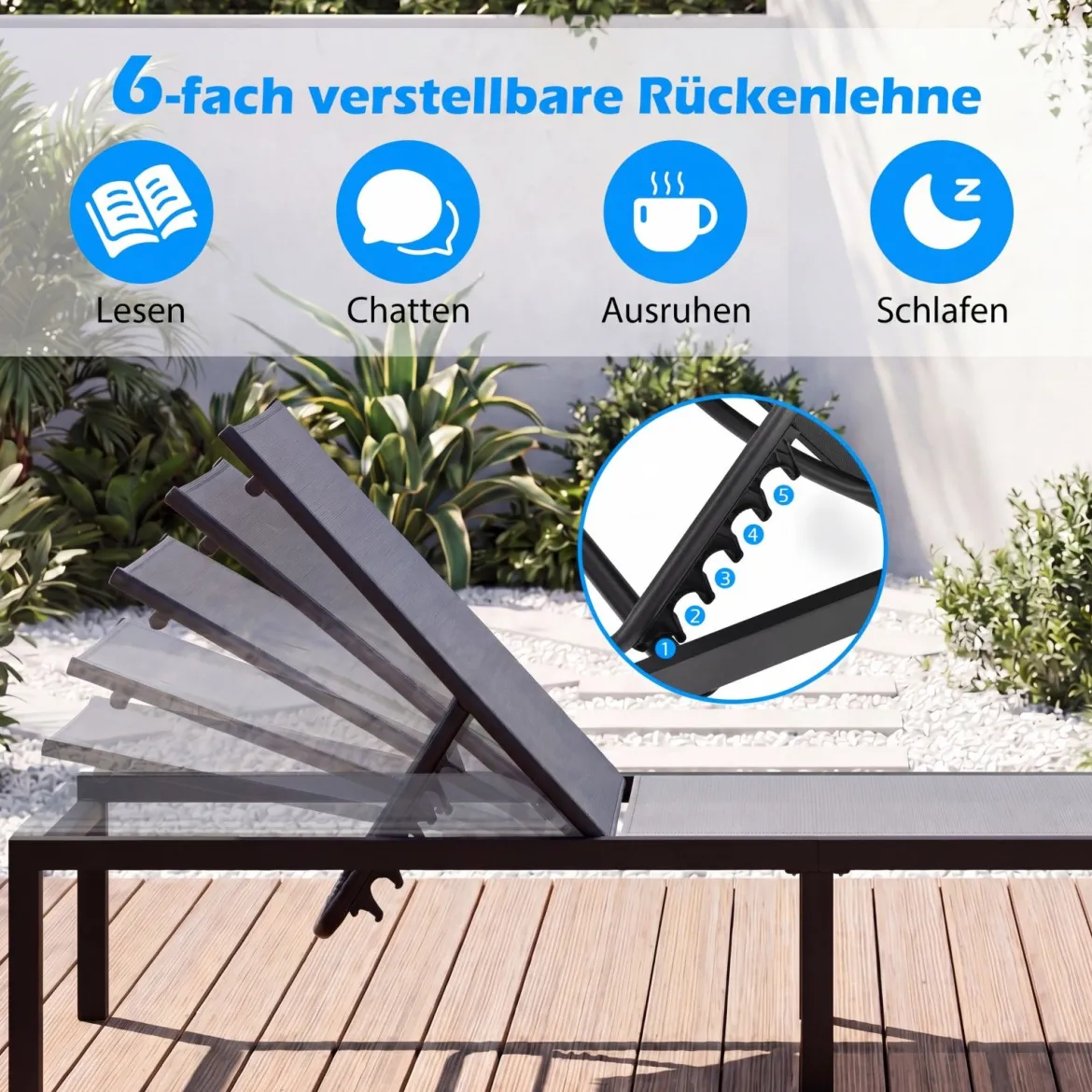 Sonnenliegestuhl für Außenbereich Anpassbarer Liegestuhl 64 x 198 x 67 - 103 cm Grau
