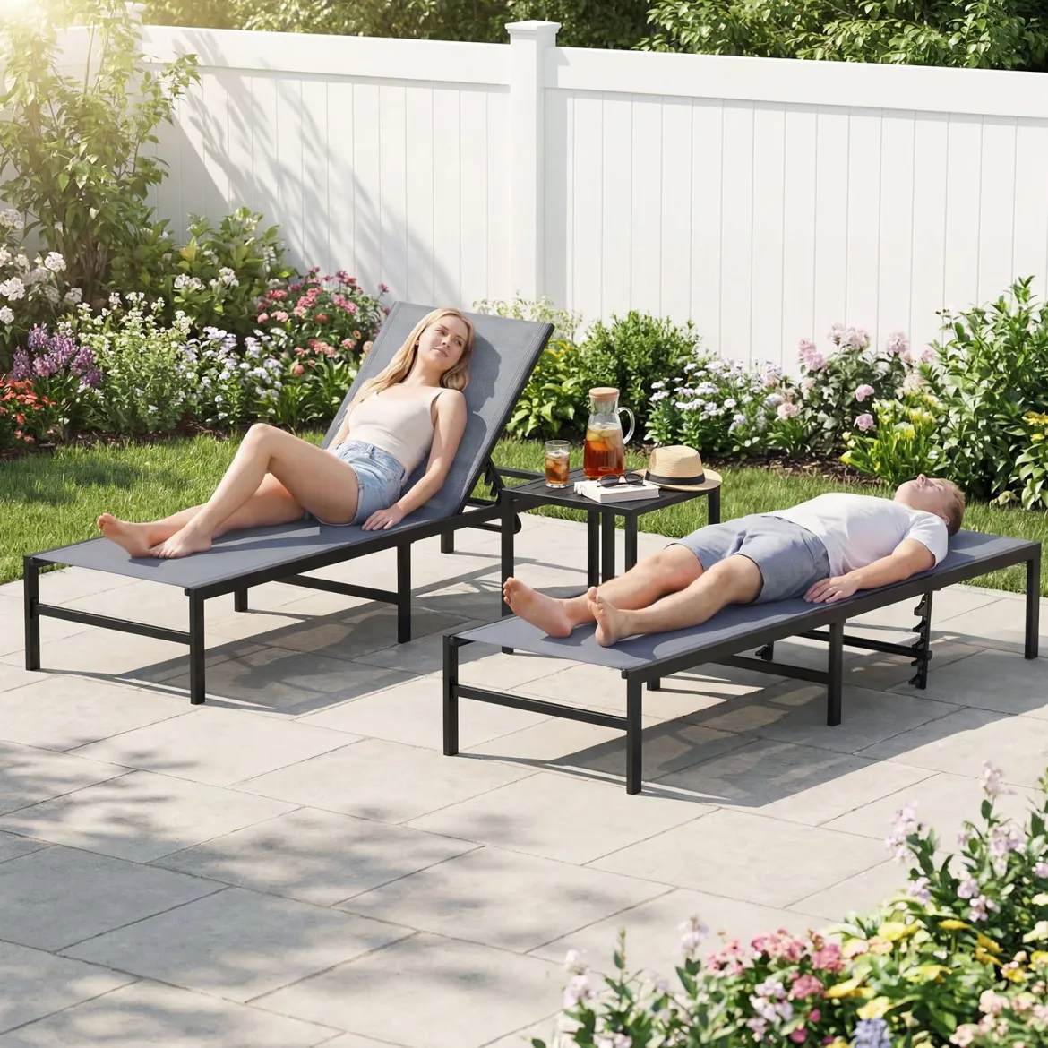 Sonnenliegestuhl für Außenbereich Anpassbarer Liegestuhl 64 x 198 x 67 - 103 cm Grau
