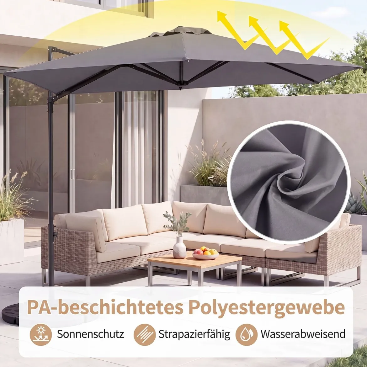 Sonnenschirm 290 cm Ampelschirm mit Ständer & Doppeldach 360° Drehbarer Balkonschirm Grau/Beige