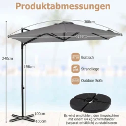 Sonnenschirm 290 cm Ampelschirm mit Ständer & Doppeldach 360° Drehbarer Balkonschirm Grau/Beige