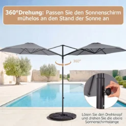Sonnenschirm 290 cm Ampelschirm mit Ständer & Doppeldach 360° Drehbarer Balkonschirm Grau/Beige