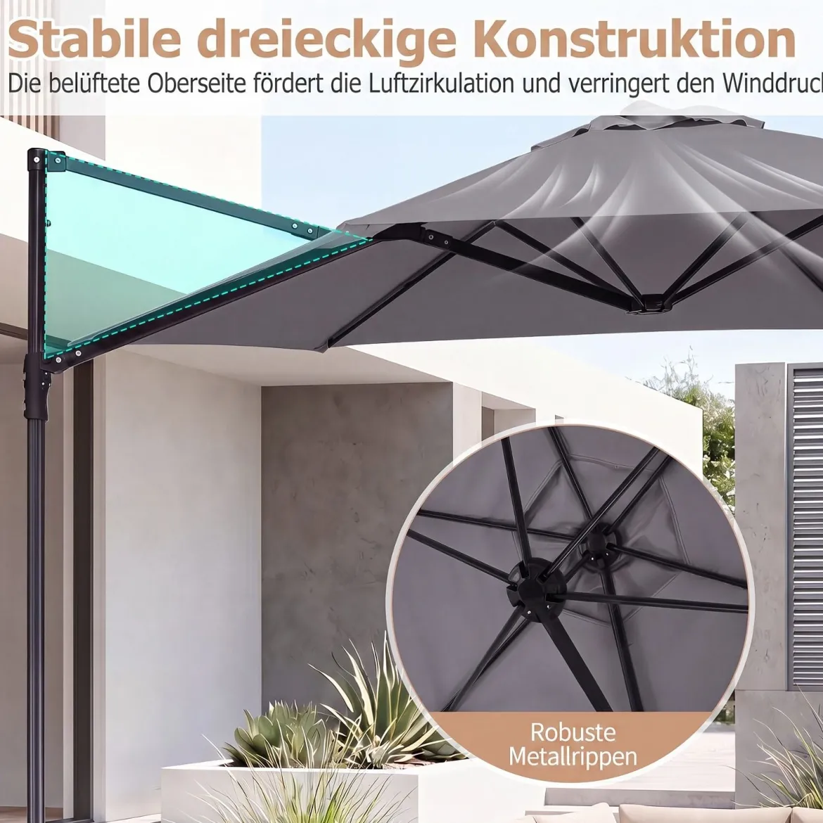 Sonnenschirm 290 cm Ampelschirm mit Ständer & Doppeldach 360° Drehbarer Balkonschirm Grau/Beige