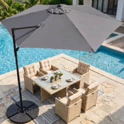 Sonnenschirm 290 cm Ampelschirm mit Ständer & Doppeldach 360° Drehbarer Balkonschirm Grau/Beige