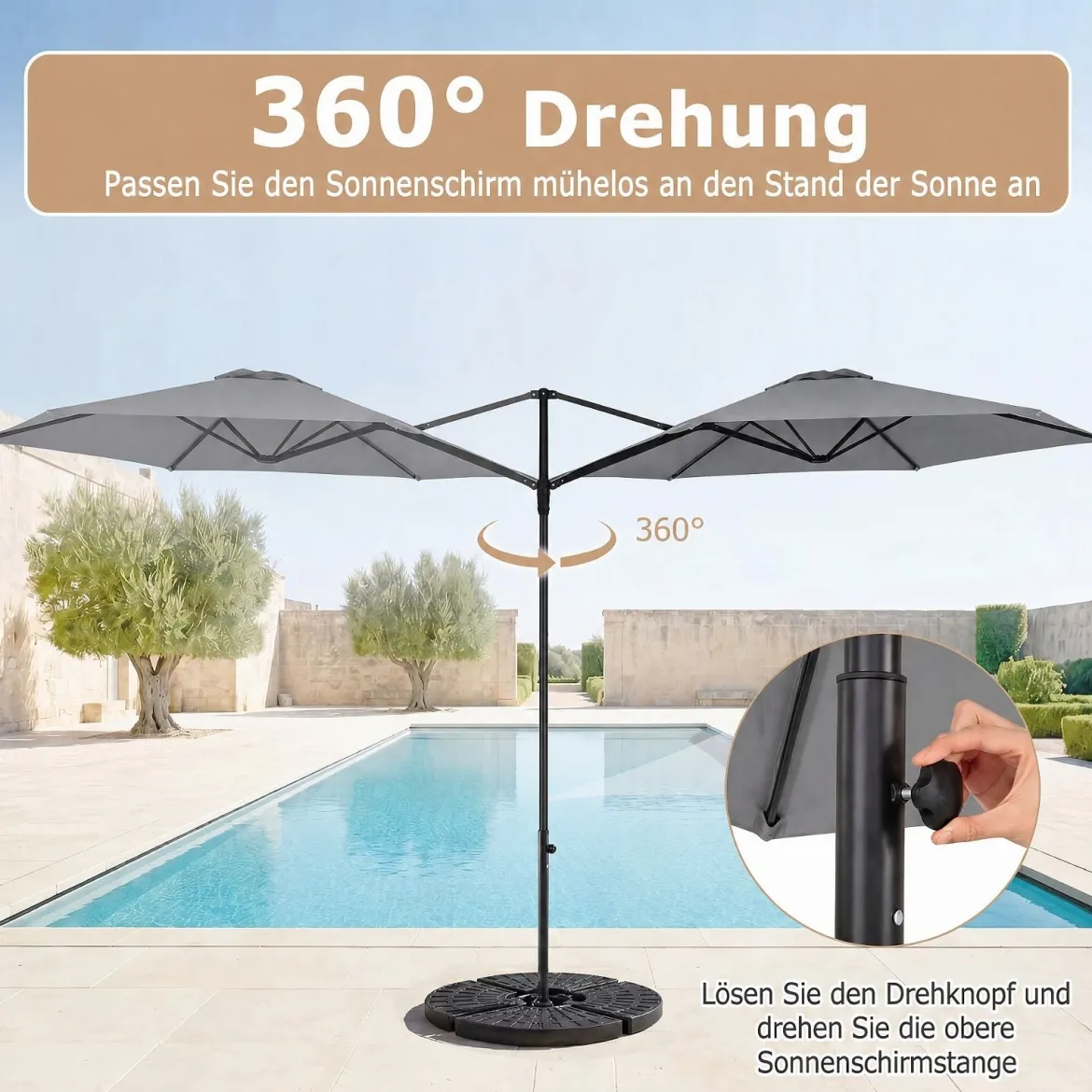 Sonnenschirm 290 cm Ampelschirm mit Ständer & Doppeldach 360° Drehbarer Balkonschirm Grau/Beige