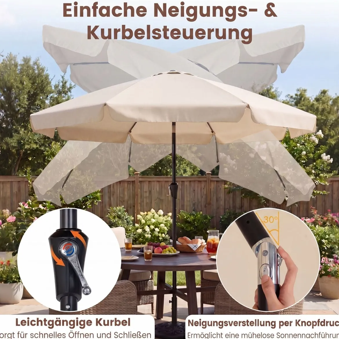 Sonnenschirm 286 cm Gartenschirm mit Kurbel & 30° Knickbar Sonnenschutz Balkonschirm Grau/Beige