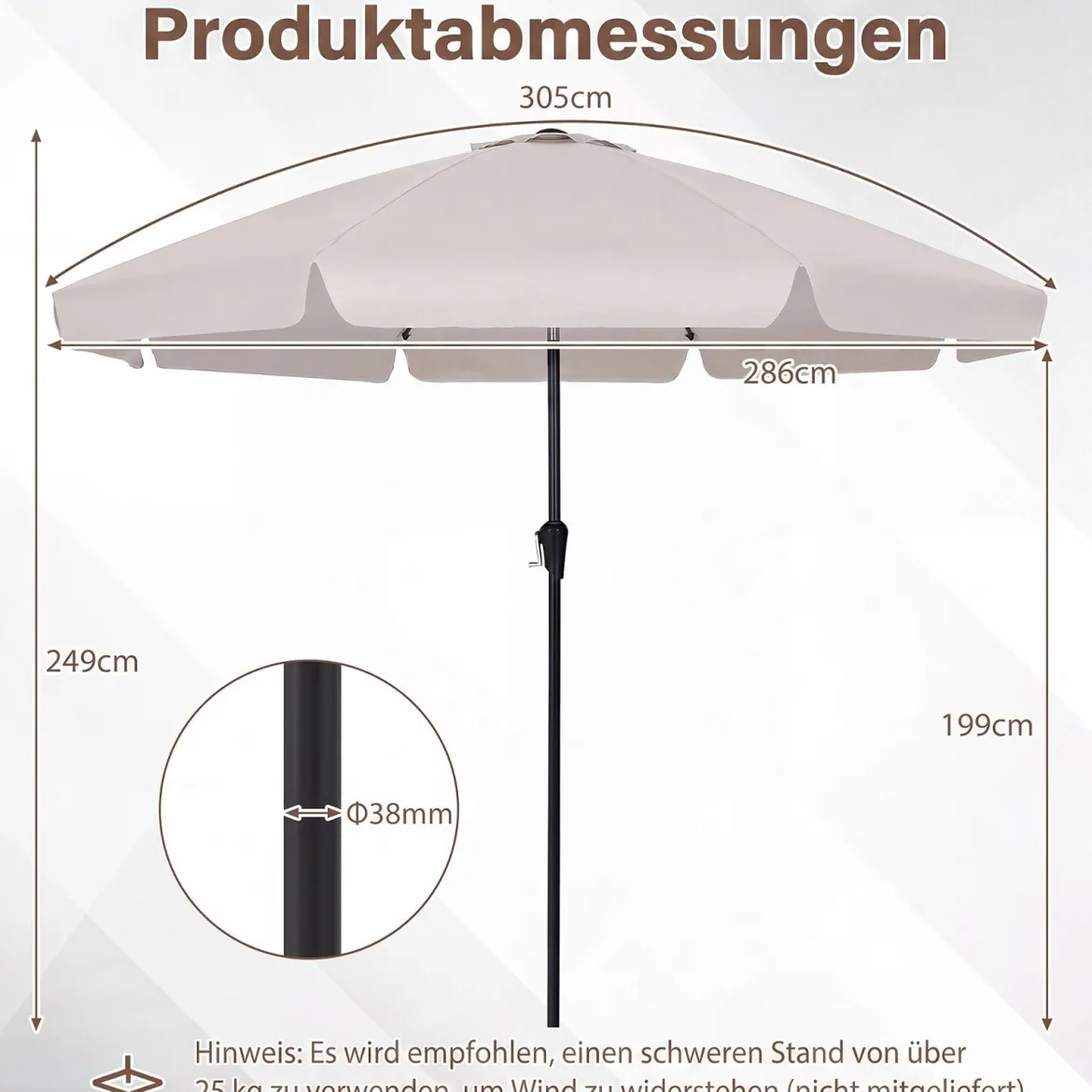 Sonnenschirm 286 cm Gartenschirm mit Kurbel & 30° Knickbar Sonnenschutz Balkonschirm Grau/Beige