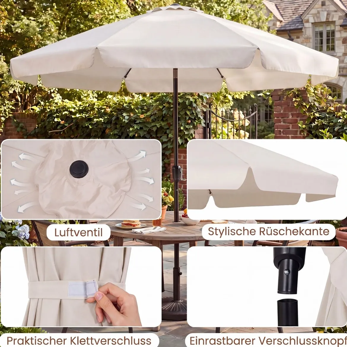 Sonnenschirm 286 cm Gartenschirm mit Kurbel & 30° Knickbar Sonnenschutz Balkonschirm Grau/Beige