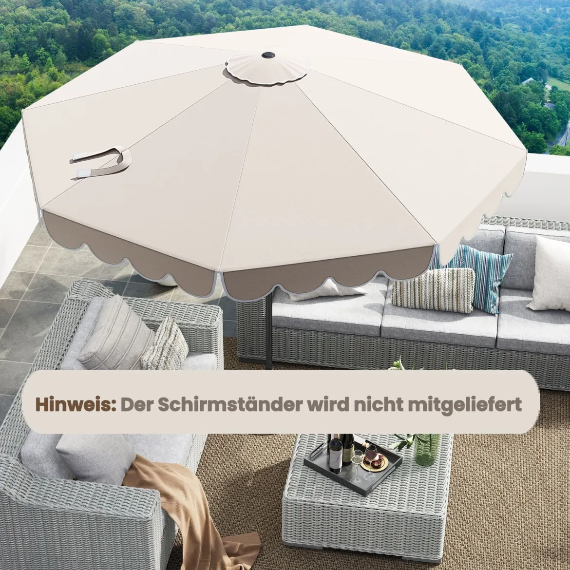Sonnenschirm 300 cm Gartenschirm mit Kurbel und Volant beidseitig um 35° knickbar Terrassenschirm Beige