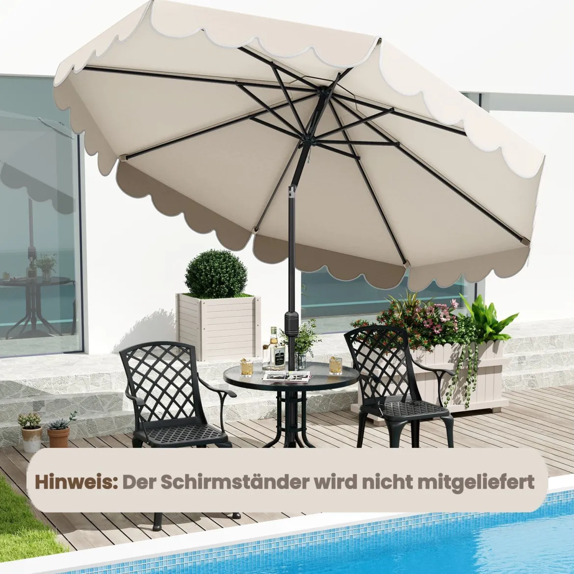 Sonnenschirm 300 cm Gartenschirm mit Kurbel und Volant beidseitig um 35° knickbar Terrassenschirm Beige