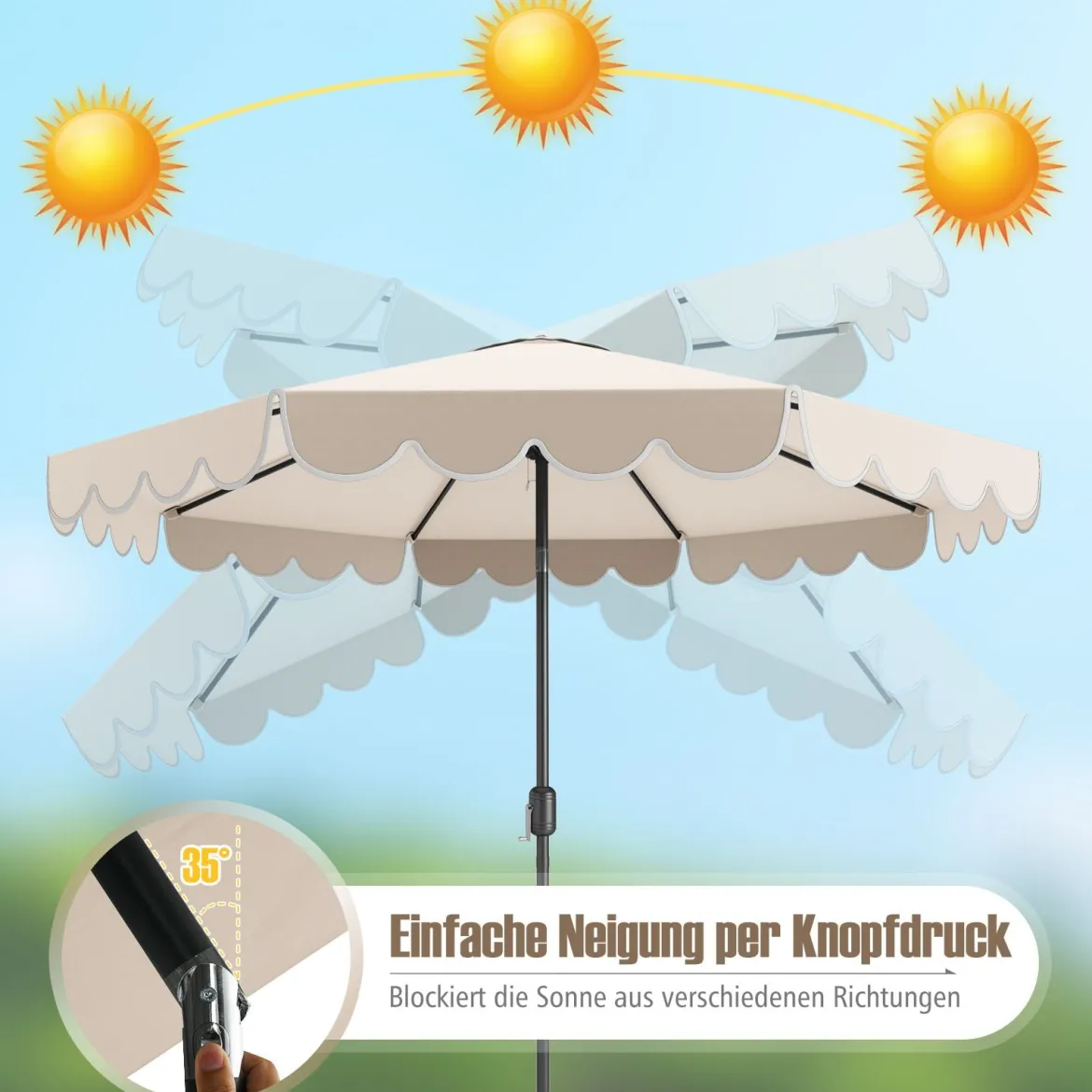 Sonnenschirm 300 cm Gartenschirm mit Kurbel und Volant beidseitig um 35° knickbar Terrassenschirm Beige