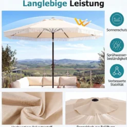 Sonnenschirm 270 cm Gartenschirm mit Kurbel & Neigefunktion Balkonschirm mit 8 Metallrippen Beige/Blau