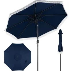 Sonnenschirm 270 cm Gartenschirm mit Kurbel & Neigefunktion Balkonschirm mit 8 Metallrippen Beige/Blau
