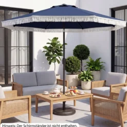Sonnenschirm 270 cm Gartenschirm mit Kurbel & Neigefunktion Balkonschirm mit 8 Metallrippen Beige/Blau