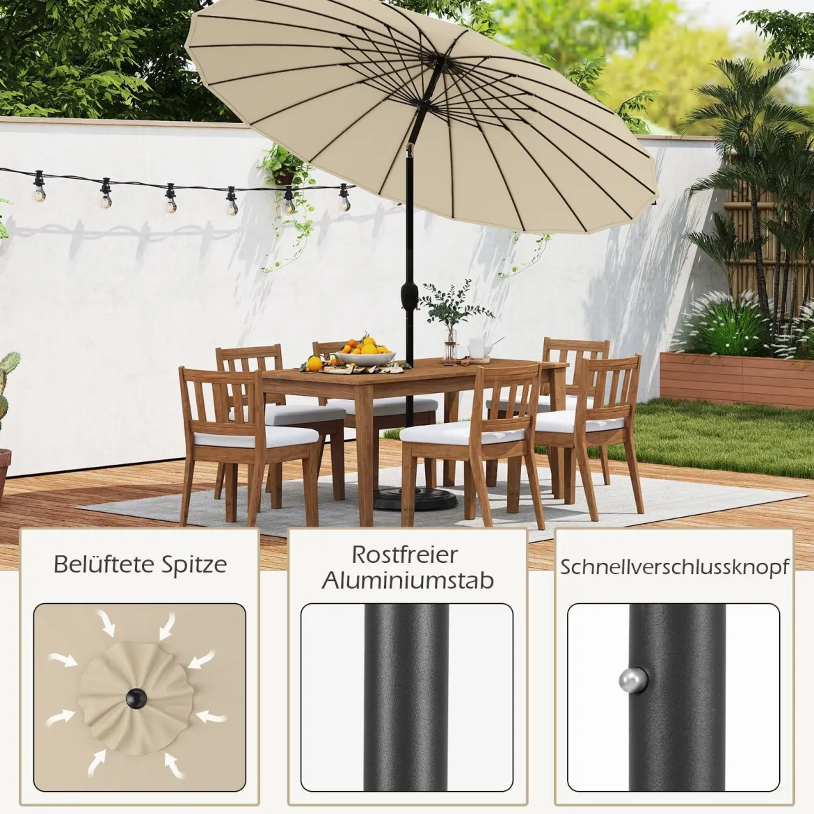 Sonnenschirm 258 cm Gartenschirm mit Kurbel zum Öffnen/Schließen beidseitig um 35° knickbar Beige