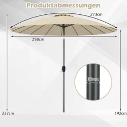 Sonnenschirm 258 cm Gartenschirm mit Kurbel zum Öffnen/Schließen beidseitig um 35° knickbar Beige