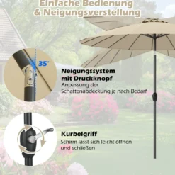 Sonnenschirm 258 cm Gartenschirm mit Kurbel zum Öffnen/Schließen beidseitig um 35° knickbar Beige