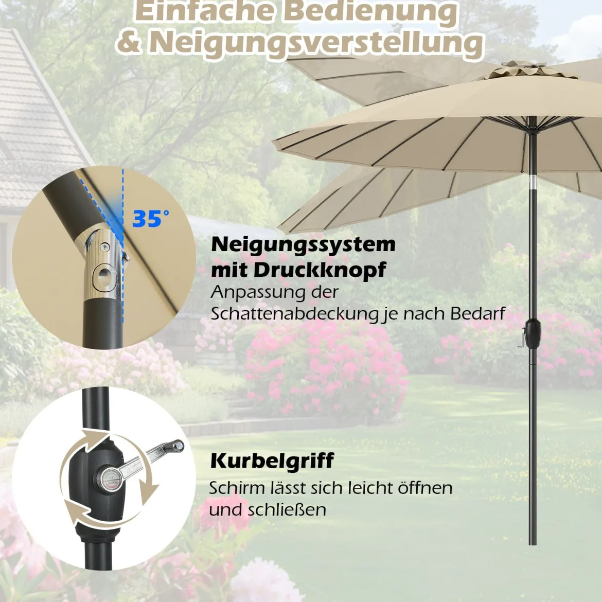 Sonnenschirm 258 cm Gartenschirm mit Kurbel zum Öffnen/Schließen beidseitig um 35° knickbar Beige