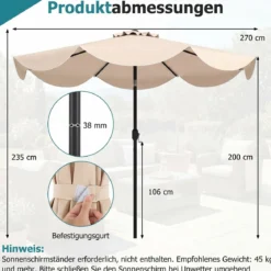 Sonnenschirm 270 cm Gartenschirm mit Kurbel & Neigefunktion Balkonschirm mit 8 Metallrippen Beige/Grau