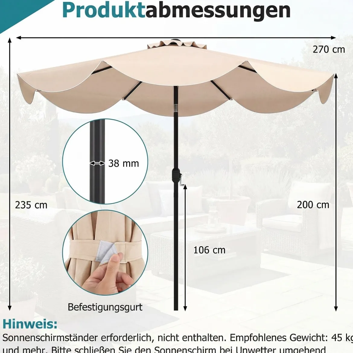 Sonnenschirm 270 cm Gartenschirm mit Kurbel & Neigefunktion Balkonschirm mit 8 Metallrippen Beige/Grau
